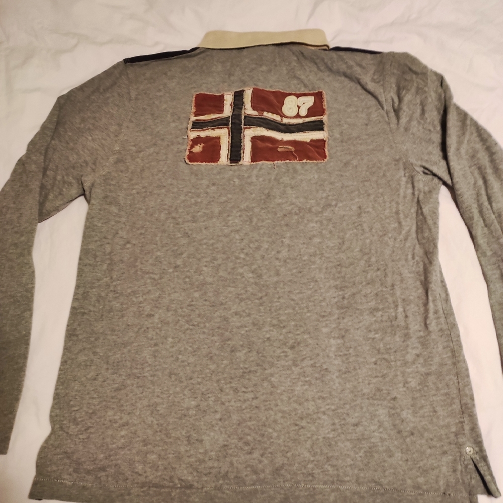 Napapijri Geographic Polo Shirt L/S Gray Norge Flag Euc